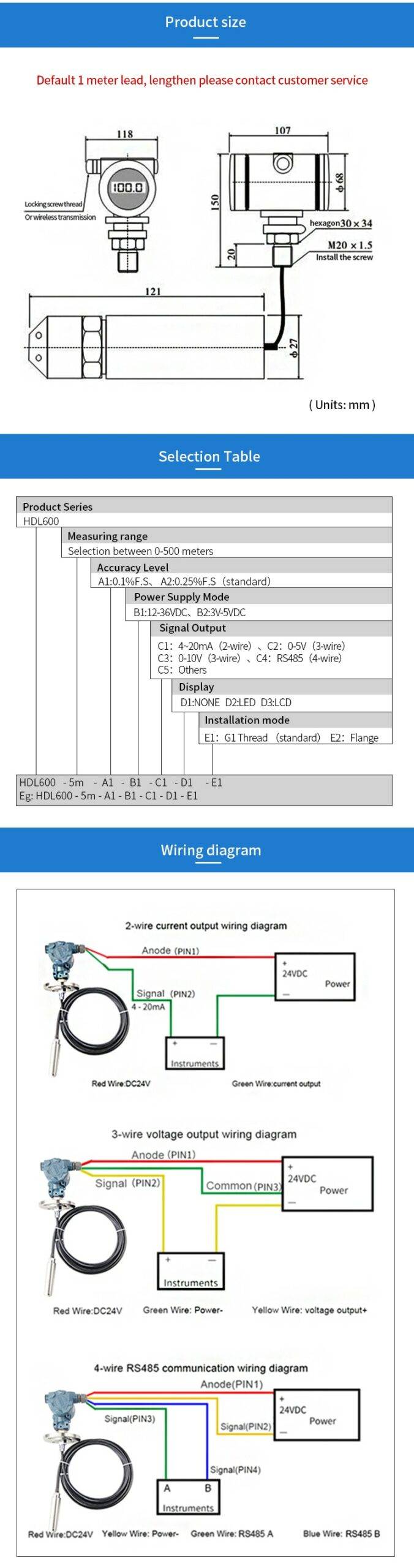 Digital  boiler water Diesel Fuel Tank Level Sensor 4-20mA Deep Well Water Level Meter